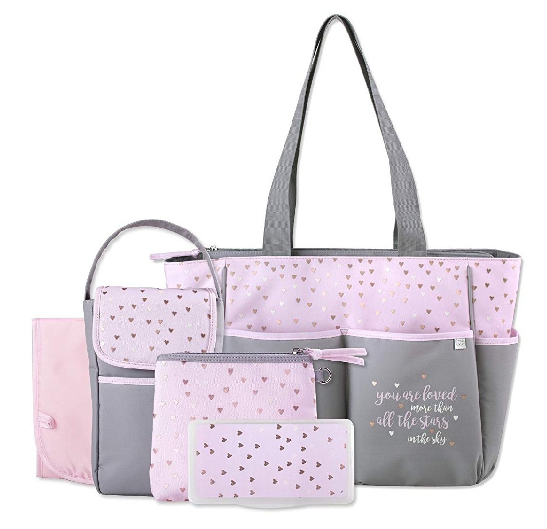 Diaper Bag Tote 5 Piece Set with Sun, Wipes Pocket, Dirty Diaper Pouch, Changing Pad