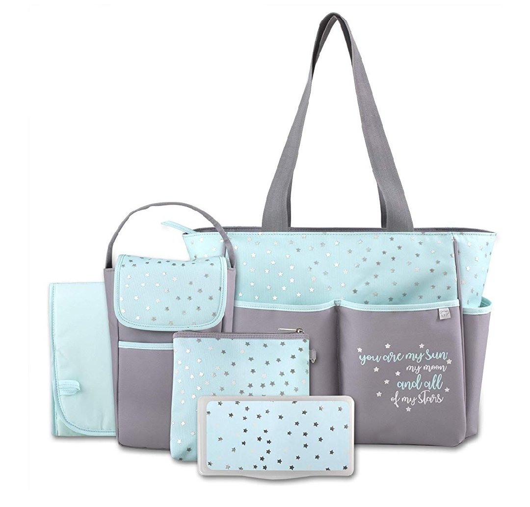 Diaper Bag Tote 5 Piece Set with Sun, Moon, and Stars, Wipes Pocket