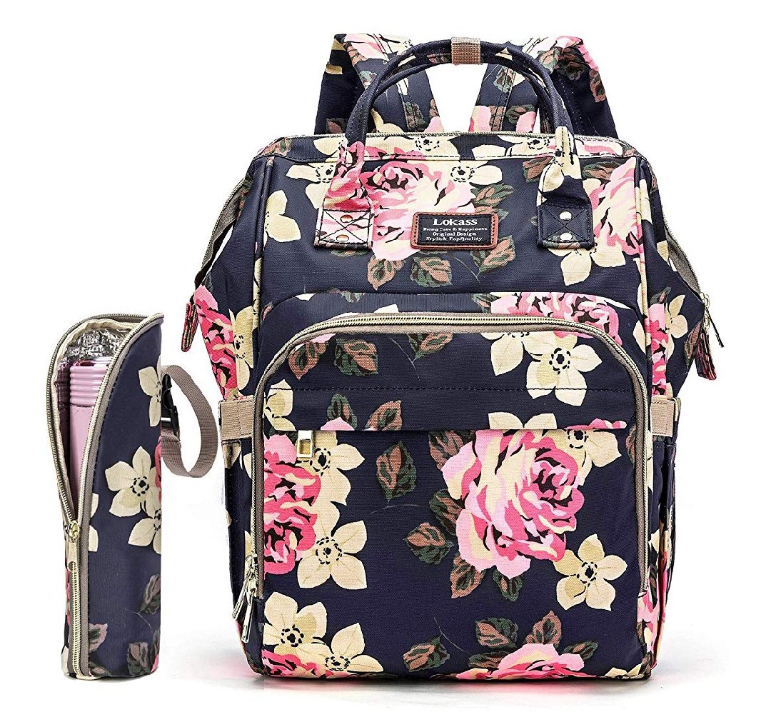 Diaper Bag Backpack Floral Baby Bag Water-Resistant Baby Nappy Bag with Insulated Water Bottle