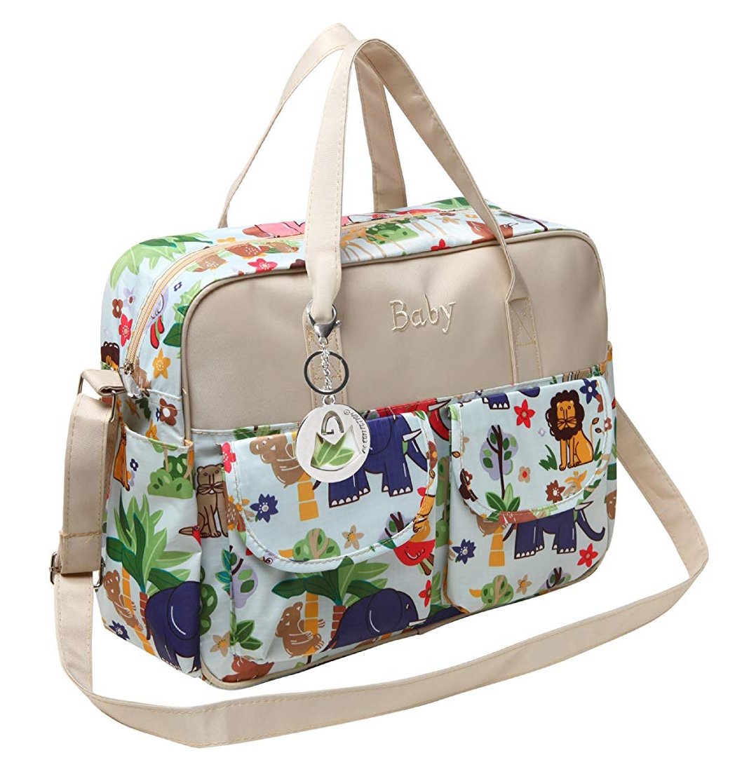 MG Collection Fashion Beige Jungle Animals Top Handle Travel Baby Bag/Diaper Tote Bag w/Changing Pad