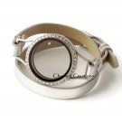 Silver CZ Floating Charm Locket 30mm Stainless Steel Wrap Strap Leather Bracelet