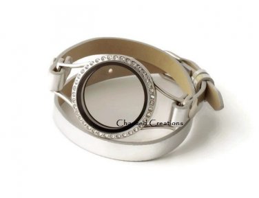 Silver CZ Floating Charm Locket 30mm Stainless Steel Wrap Strap Leather Bracelet