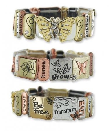 Butterfly Tri-Tone Stretch Tile Bracelet With Inspirational Message To Be Free