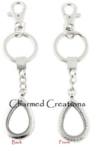 Crystal CZ Teardrop Floating Charm Memory Locket Key Chain W/ Lobster Dog Clasp