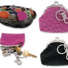 New Faux Ostrich Leather Coin Pouch Kiss Lock Purse Key Chain Brown Black Pink