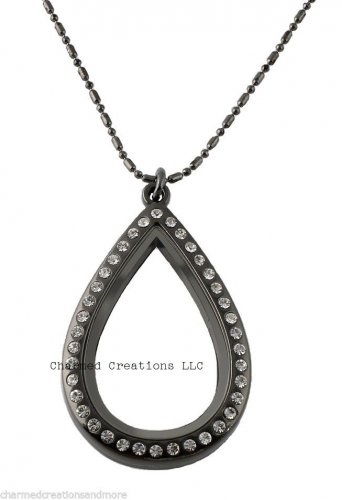 Large Teardrop CZ Gun Metal Floating Charm Memory Locket Necklace & Long Chain