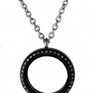 30mm Black Acrylic Floating Charm Memory Locket Necklace Stainless Steel Chain
