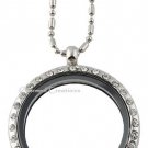 30mm Round CZ Silver Tone Floating Charm Locket Necklace Stainless Steel Chain
