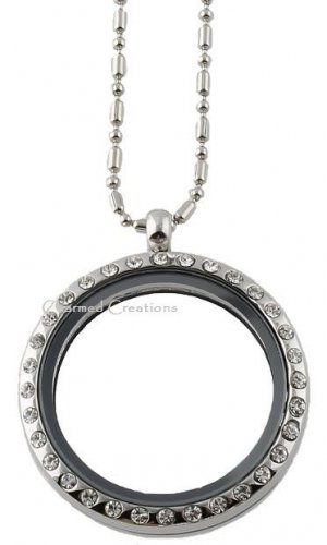 30mm Round CZ Silver Tone Floating Charm Locket Necklace Stainless Steel Chain