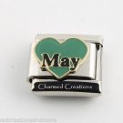May Green Heart Love Birthstone Birthday 9mm Italian Charm Stainless Link