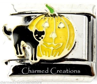 Black Cat And Jack O Lantern Pumpkin Halloween 9mm Italian Charm Stainless Link