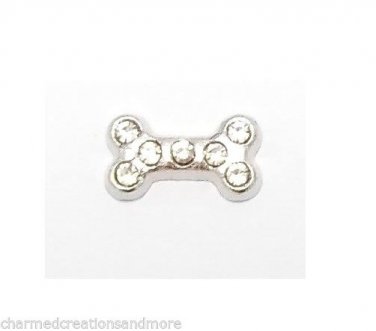 Silver Tone CZ Dog Pet Puppy Bone Floating Charm For Our Glass Memory Lockets