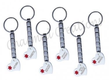 6- Assorted Lot Medical Alert 9mm Italian Charm Heart Key Chains Stainless Steel
