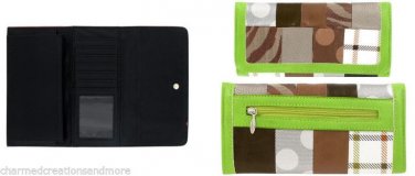 Women's Tri Fold Checkbook Wallet Designer Inspired Lime Green Neon Patchwork