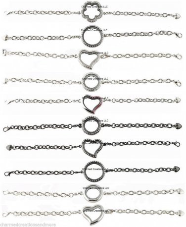 Assorted Floating Charm Locket Bracelets 25mm 30mm Heart Flower Gun Metal Silver