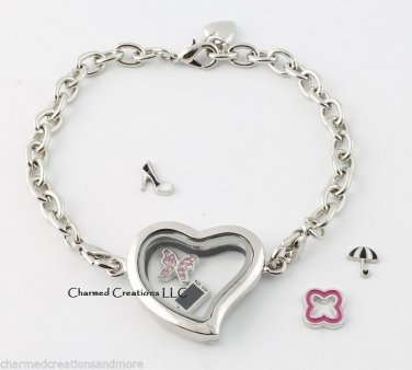 Plain Silver Tone Heart Floating Charm Glass Memory Locket Bracelet