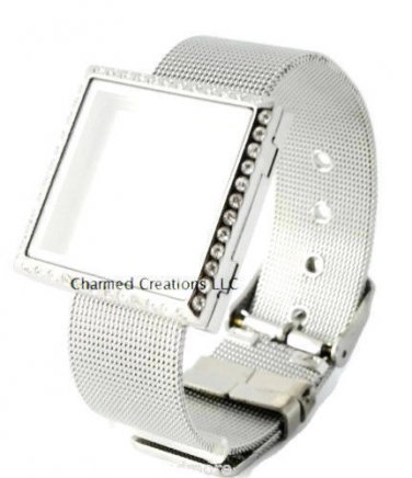 Stainless Steel 30mm CZ Square Floating Charm Memory Locket Mesh Strap Bracelet