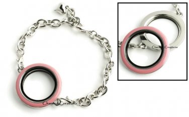 30mm Floating Charm Memory Locket Bracelet With Pink Enamel Screw Top Lid