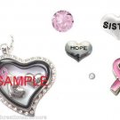 Sister Pink Ribbon Breast Cancer Awareness Floating Charms & Glass Heart Locket