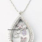 10pc Large Teardrop CZ Silver Floating Charm Memory Locket Necklace & 28" Chain