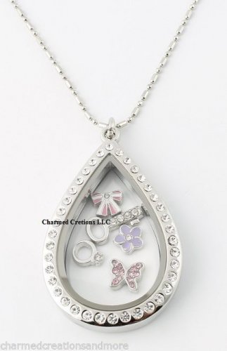 10pc Large Teardrop CZ Silver Floating Charm Memory Locket Necklace & 28" Chain