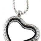 Heart Shape CZ Silver Tone Floating Charm Glass Memory Locket Necklace & Chain