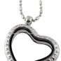 Heart Shape CZ Silver Tone Floating Charm Glass Memory Locket Necklace & Chain