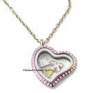 CZ Rainbow Heart Stainless Steel Floating Charm Locket & Chain Necklace
