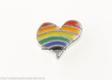 Silver Tone Rainbow Heart Love Pride Floating Charm For Memory Glass Lockets