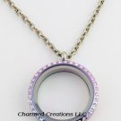 CZ Rainbow 30mm Round Stainless Steel Floating Charm Locket & Chain Necklace