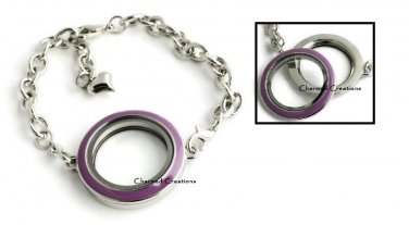 30mm Floating Charm Memory Locket Bracelet With Purple Enamel Screw Top Lid