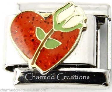 White Rose Red Glitter Heart Love 9mm Italian Charm Stainless Steel Link