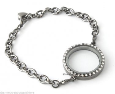 SECURITY CLASP 30mm Round Gunmetal Floating Charm Locket Bracelet Black