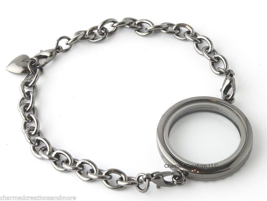 SECURITY CLASP 30mm Round Gunmetal Floating Charm Locket Bracelet Black