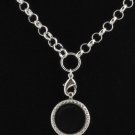 Round CZ Silver Tone Floating Charm Memory Locket Necklace With Rolo Chain