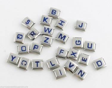 Blue Letter Initials Alphabet Name ID Monogram 9mm Italian Charm Stainless Steel