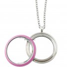 30mm Stainless Steel Pink Trim Screw Top Floating Charm Locket & Chain Necklace