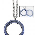 30mm Blue Acrylic CZ Floating Charm Memory Locket Necklace Stainless Steel Chain