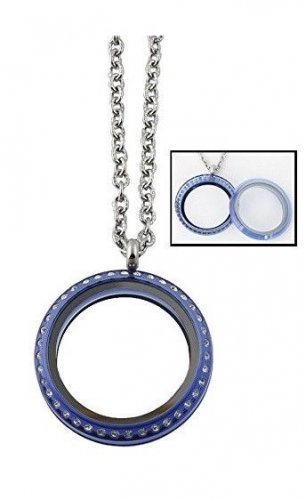 30mm Blue Acrylic CZ Floating Charm Memory Locket Necklace Stainless Steel Chain