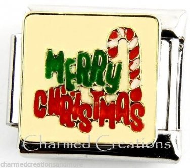 Merry Christmas Candy Cane  9mm Italian Charm Stainless Steel Modular Link