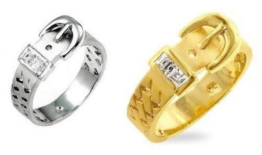 Belt Buckle Ring With princess Cut Accent Stones Silver Or Gold Sizes 5 6 7 8 9