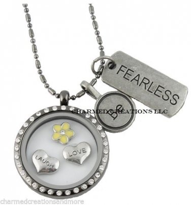30mm Floating Charm Locket Necklace Be Fearless Tag Laugh Love & Yellow Flower