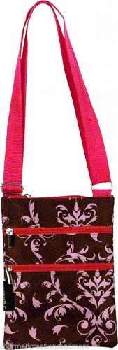 Damask Print Cross Body Purse Shoulder Passport Sling Messenger Bag Pink & Brown