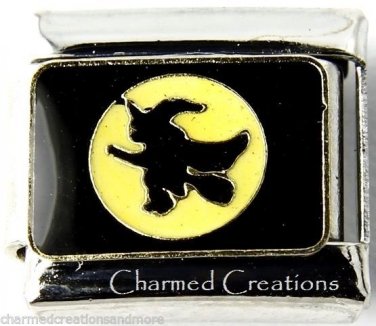 Flying Witch Hat And Broom Moon Halloween 9mm Italian Charm Stainless Steel Link