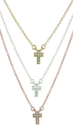 Triple Blessings Tri-Tone Cross Multi Strand Necklace Religious Jewelry In Box