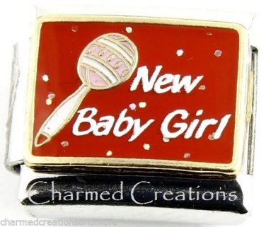 9mm Italian Charm Modular Link Newborn Baby Girl Daughter Rattle Red Glitter