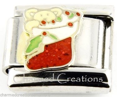 Christmas Stocking Teddy Bear Glitter 9mm Italian Charm Stainless Modular Link