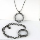 30mm Round Gunmetal Floating Charm Locket Bracelet Necklace Set + Security Clasp