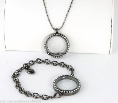 30mm Round Gunmetal Floating Charm Locket Bracelet Necklace Set + Security Clasp