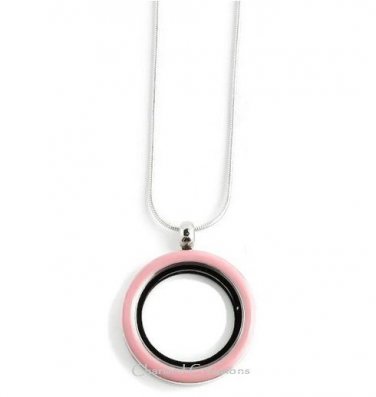 Pink Enamel 30mm Floating Charm Memory Locket Necklace With Chain